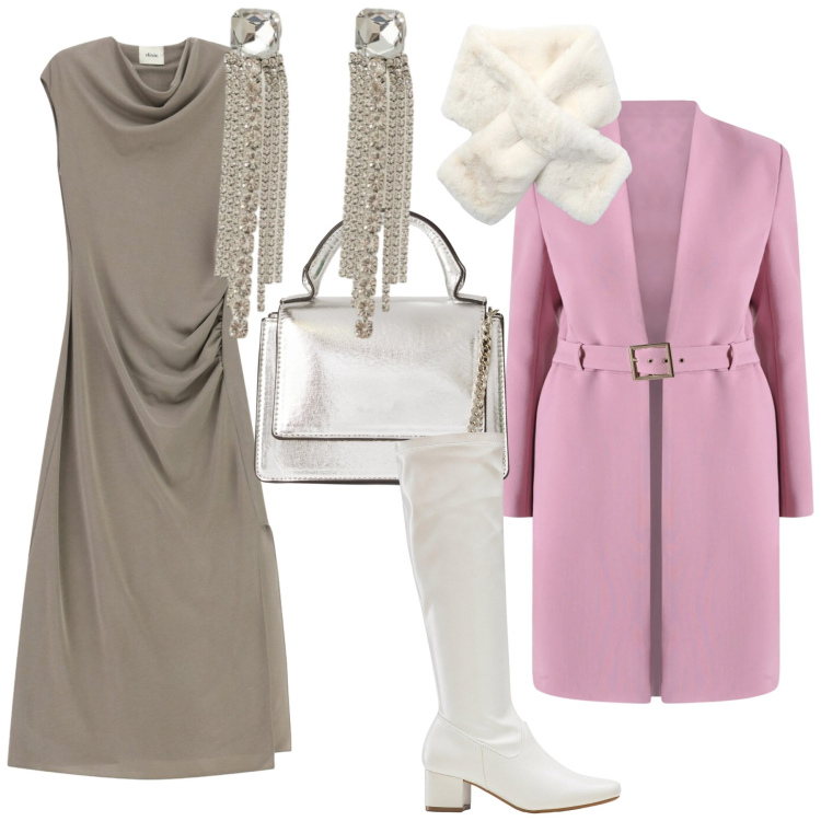Outfit donna - Look. Stile Glamour per Serata fuori. Abbinamento con stivali, borse a tracolla, sciarpe, orecchini, vestiti asimmetrici, trench.