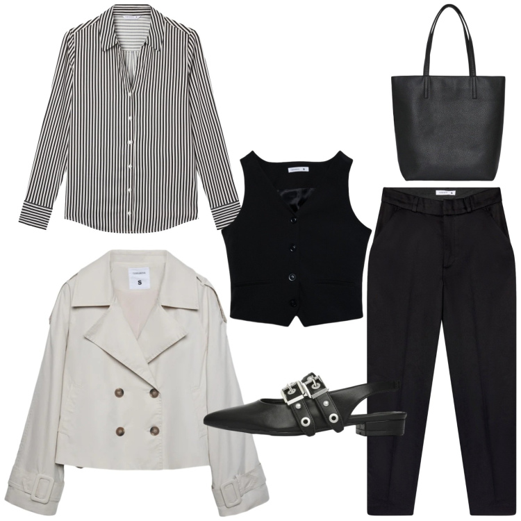Outfit donna - Workwear con terranova. Stile Mannish per Ufficio. Abbinamento con caban, borse tote, camicie, ballerine, gilet, pantaloni chino.