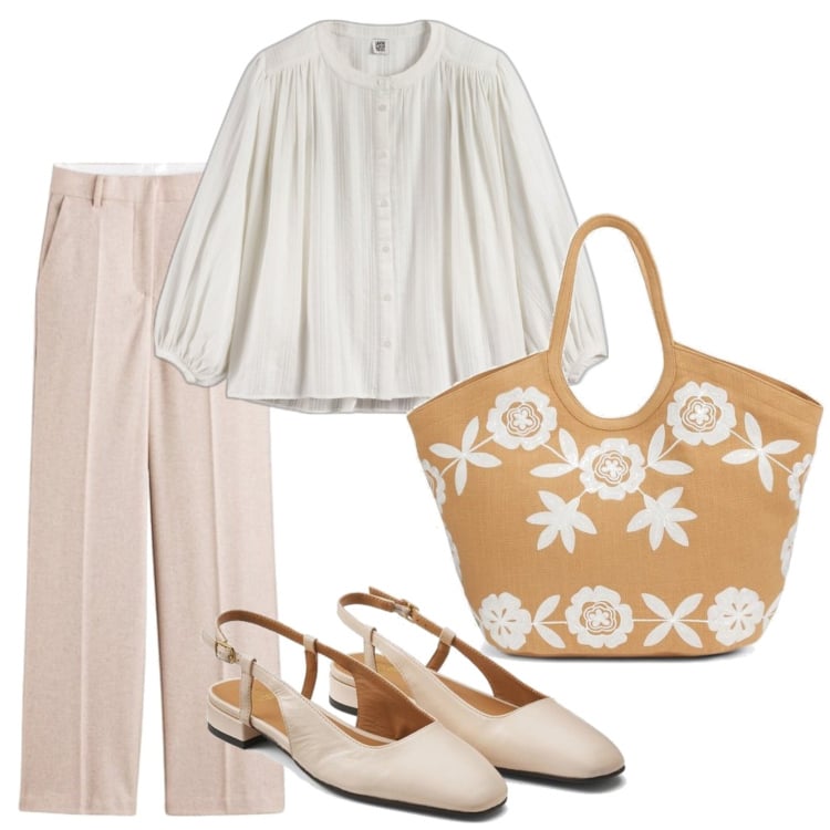 Outfit mujer - De primavera. Estilo Urban para Todos los días. Combinación con bolso tote, pantalones palazzo, bailarinas, camisas.