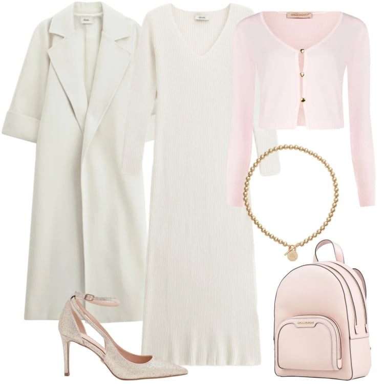 Outfit donna - Love is in the air. Stile Romantica per Serata fuori. Abbinamento con zaini, cardigans, décolleté, collane, vestiti midi/longuette, cappotti.