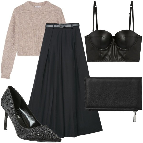 Outfit donna - Sofisticata Semplicità - Terranova SS26. Stile Chic per Serata fuori. Abbinamento con bralette, décolleté, maglieria, pantaloni, portafogli.