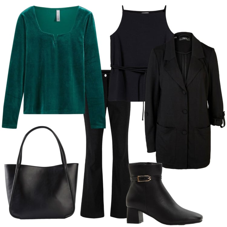 Outfit donna - Total look #2340476. Stile Casual chic per Ufficio. Abbinamento con pantaloni, blazer, top, stivaletti, shopping bag, maglieria.