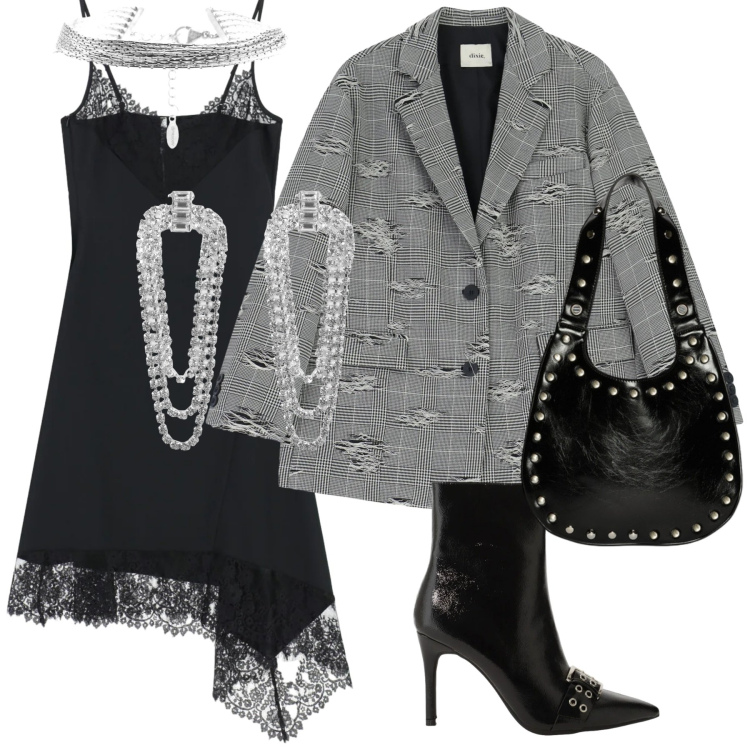 Outfit donna - Look. Stile Chic per Serata fuori. Abbinamento con orecchini, stivaletti, vestiti asimmetrici, borse a spalla, blazer, braccialetti.