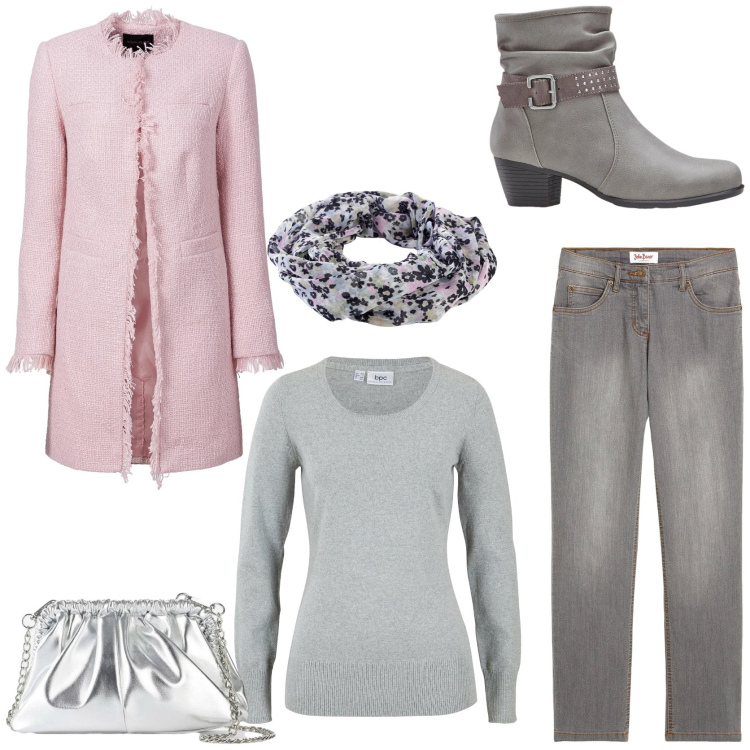 Outfit donna - Romantic glam style. Stile Glamour per Tutti i giorni. Abbinamento con blazer, maglieria, jeans dritti, foulard, stivaletti, borse a tracolla.