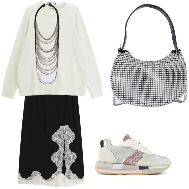 Outfit donna - Look. Stile Chic per Tutti i giorni. Abbinamento con borse a spalla, collane, gonne, pullovers, sneakers.
