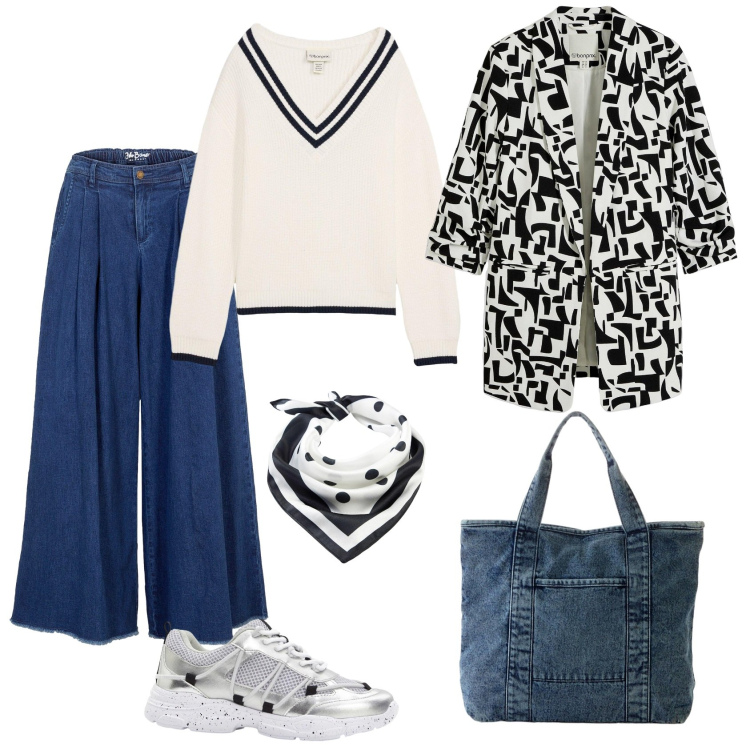 Outfit donna - Total look #2340482. Stile Casual chic per Tutti i giorni. Abbinamento con gonne, blazer, maglieria, sneakers, shopping bag, foulard.