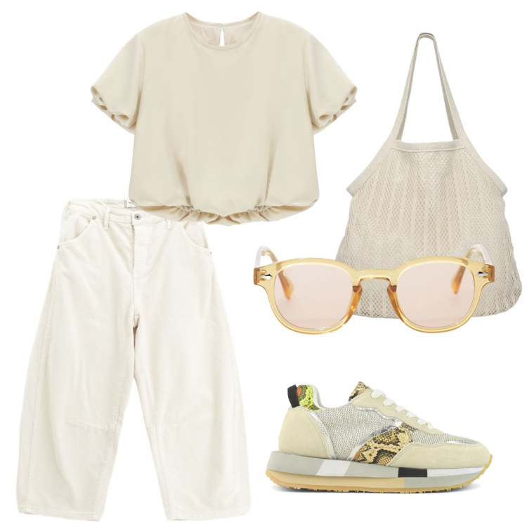 Outfit donna - Look. Stile Casual per Tutti i giorni. Abbinamento con occhiali da sole, camicie a manica corta, pantaloni, sneakers, shopping bag.