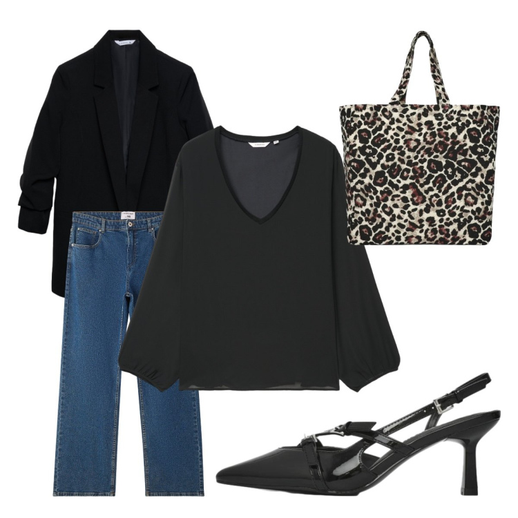 Outfit donna - Terranova - Spring Starts Here. Stile Trendy per Ufficio. Abbinamento con jeans dritti, bluse, blazer, shopping bag, décolleté.