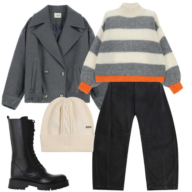 Outfit donna - Maglione a righe per esplorare la città. Stile Urban per Tutti i giorni. Abbinamento con cappotti, stivali, maglieria, pantaloni a palazzo, berretti.