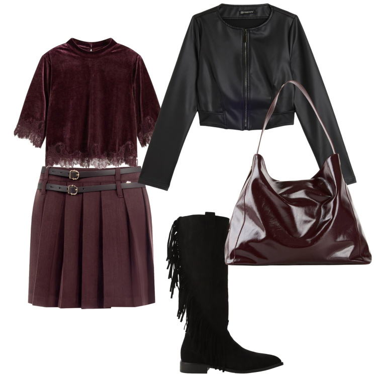 Outfit donna - Look. Stile Glamour per Serata fuori. Abbinamento con bluse, shopping bag, stivali sopra il ginocchio, giacche, minigonne.