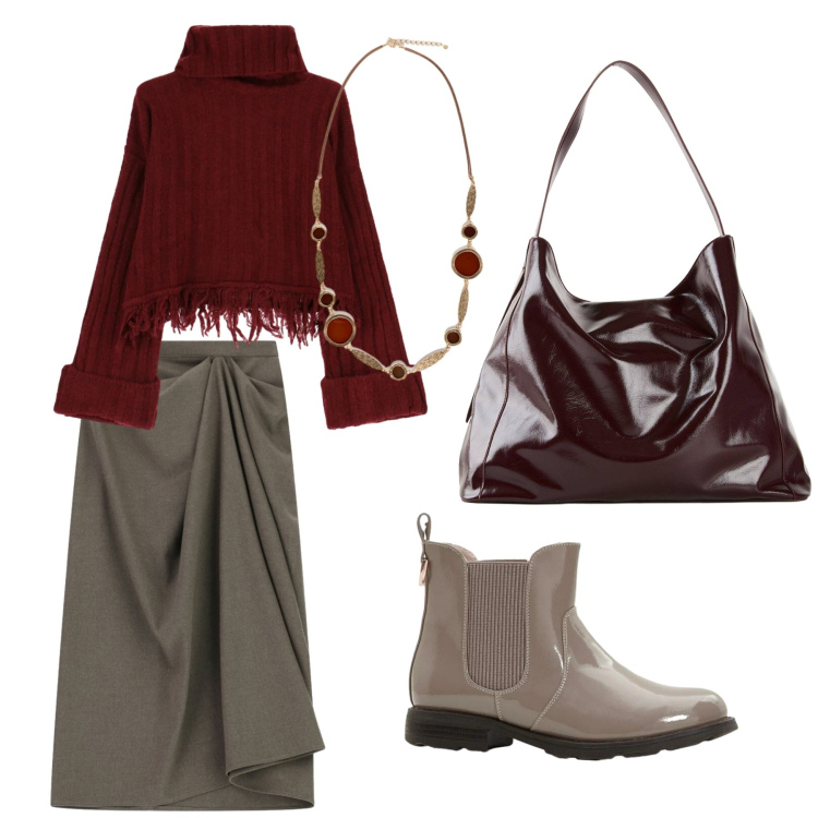 Outfit donna - Look. Stile Casual per Tutti i giorni. Abbinamento con shopping bag, stivaletti chelsea, gonne longuette, collane, maglieria.