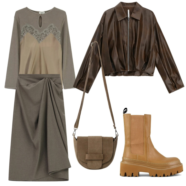 Outfit donna - Look. Stile Casual per Tutti i giorni. Abbinamento con gonne longuette, giacche, maglieria, borse a tracolla, stivaletti chelsea.