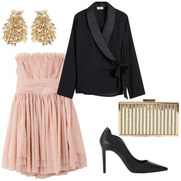 Outfit donna - Look. Stile Chic per Cerimonia. Abbinamento con blazer, vestiti corti, décolleté, orecchini, clutch.