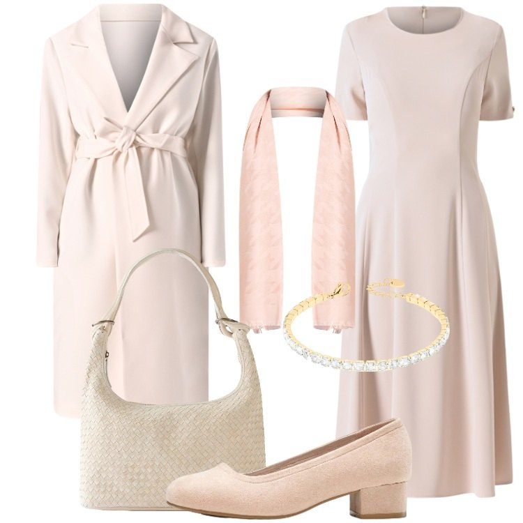 Outfit donna - Febbraio in tonalità soft Curvy Style. Stile Bon Ton per Cerimonia. Abbinamento con décolleté, shopping bag, braccialetti, vestiti, cappotti, sciarpe.