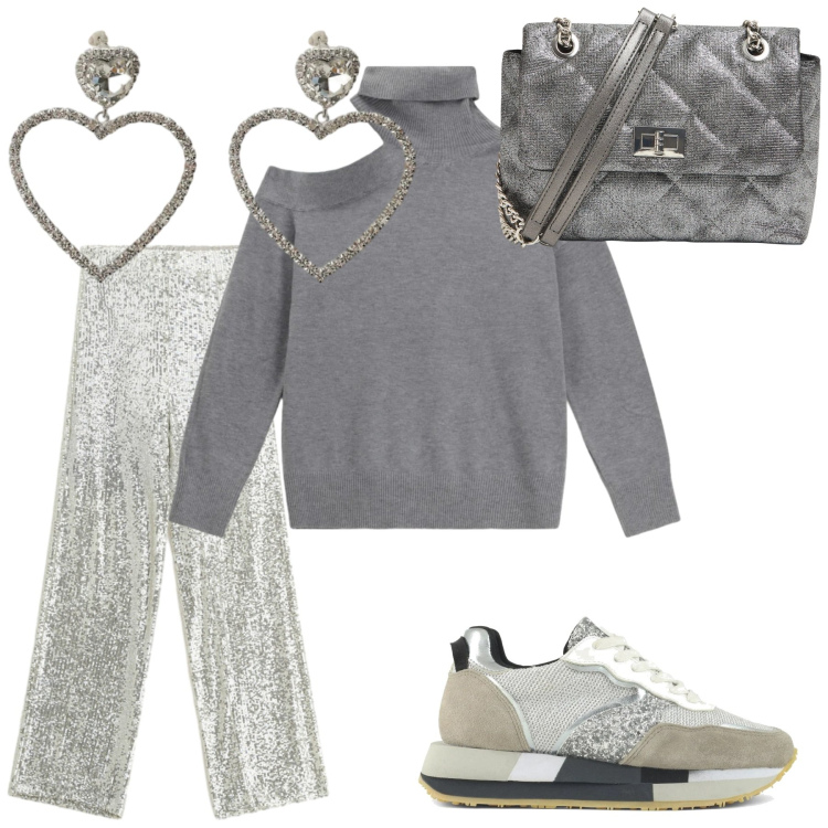 Outfit donna - Look argento. Stile Casual chic per Serata fuori. Abbinamento con borse a tracolla, maglieria, pantaloni a palazzo, orecchini, sneakers.