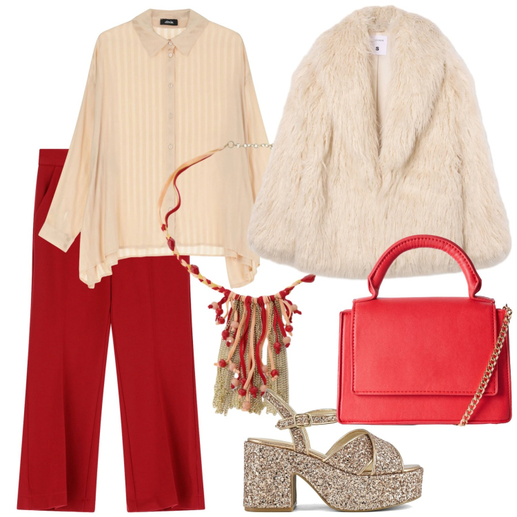 Outfit donna - Look rosso. Stile Chic per Serata fuori. Abbinamento con borse a tracolla, ecopellicce, pantaloni a palazzo, cappotti, camicie, sandali.