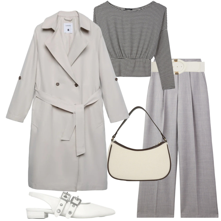 Outfit donna - Terranova SS 26. Stile Casual chic per Ufficio. Abbinamento con pantaloni, t-shirt, cinture, trench, ballerine, borse a tracolla.