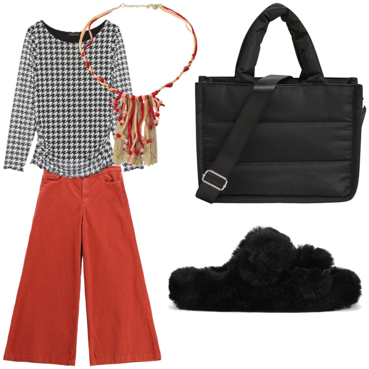 Outfit donna - Look. Stile Casual per Tutti i giorni. Abbinamento con shopping bag, bluse, cappotti, pantaloni, ciabatte.