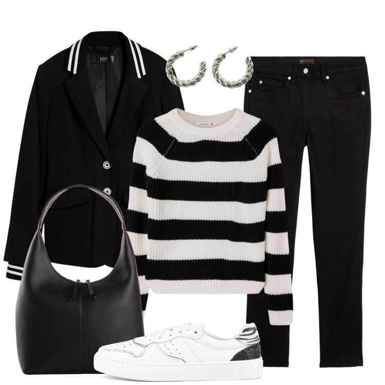 Outfit donna - A tutte righe. Stile Casual per Tutti i giorni. Abbinamento con blazer, jeans slim fit, shopping bag, maglieria, orecchini, sneakers.