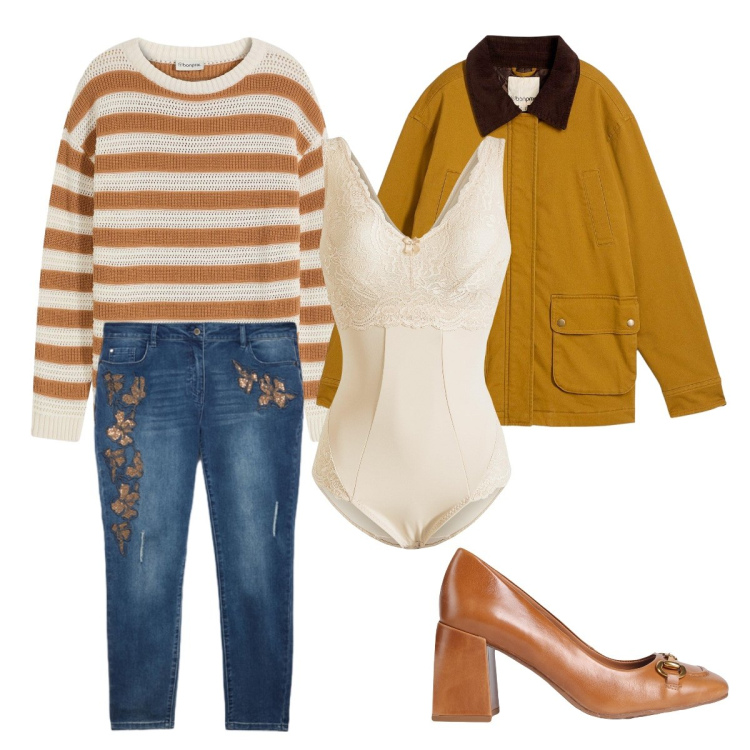 Outfit donna - Body soft curvy. Stile Casual chic per Ufficio. Abbinamento con décolleté, body, parka, maglieria, jeans skinny.