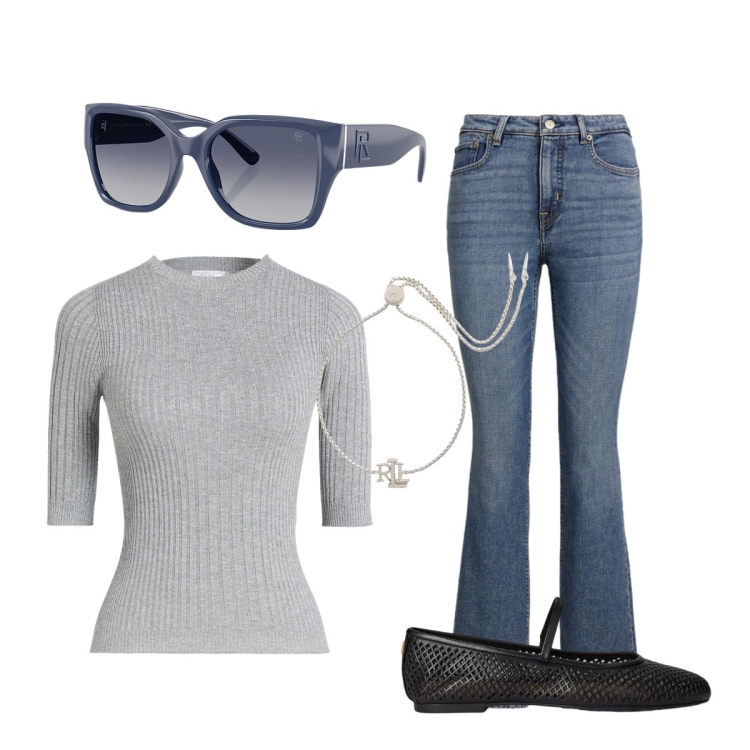 Outfit donna - Un tocco di luce d’inverno - Focus Donna. Stile Casual chic per Tutti i giorni. Abbinamento con pullovers, jeans bootcut, braccialetti, occhiali da sole, ballerine.