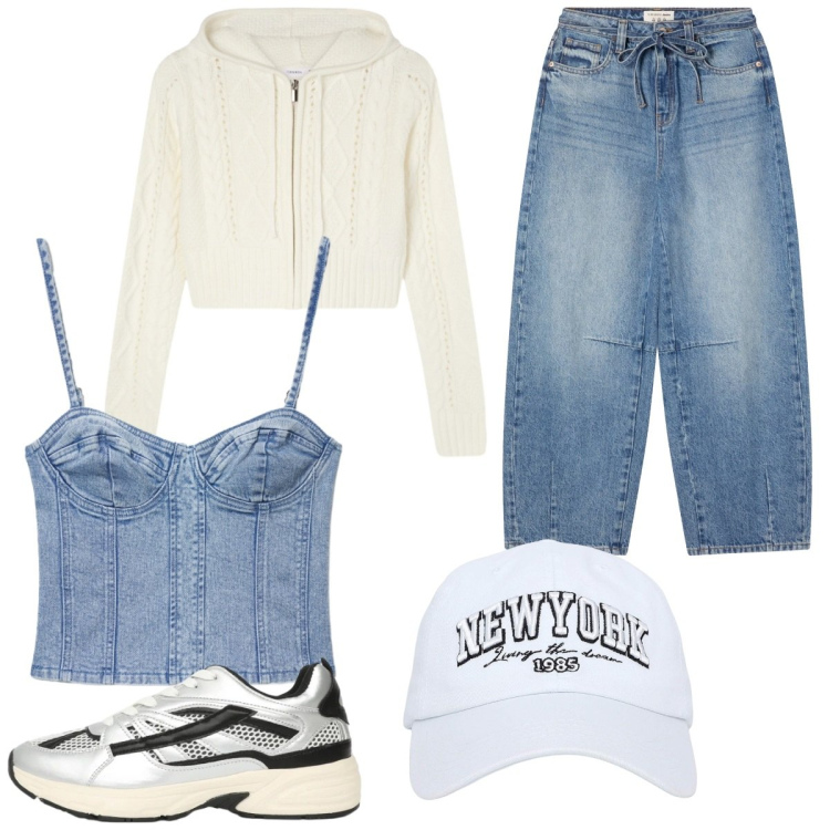 Outfit donna - Jeans mon amour. Stile Trendy per Tutti i giorni. Abbinamento con jeans, cappelli, cardigans, sneakers, top.