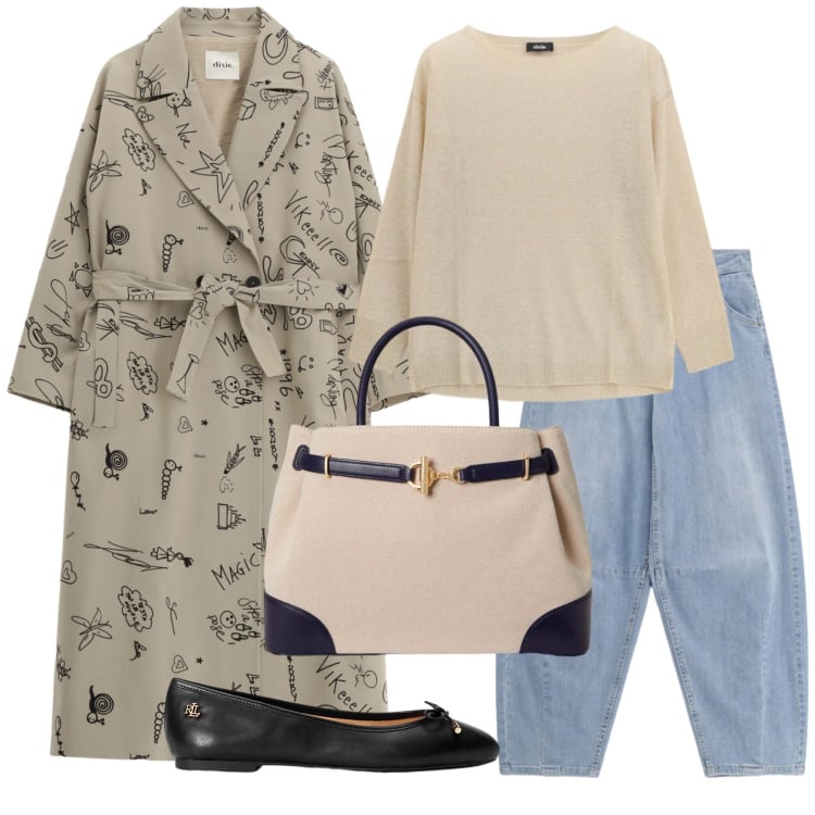 Outfit donna - Total look #2340756. Stile Casual chic per Tutti i giorni. Abbinamento con jeans, borse a mano, ballerine, maglieria, cappotti.