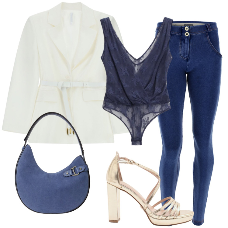 Outfit donna - Total look #2340760. Stile Casual chic per Tutti i giorni. Abbinamento con blazer, top, jeggings, sandali col tacco, borse a spalla.