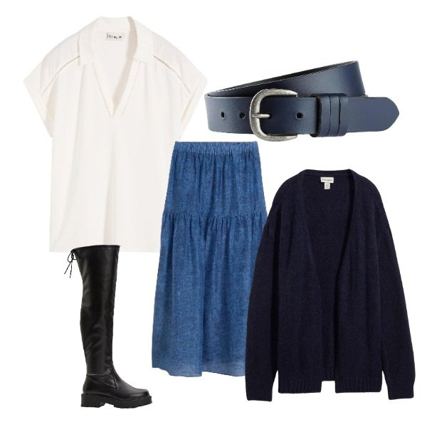 Outfit donna - Gonna effetto denim. Stile Casual chic per Tutti i giorni. Abbinamento con gonne lunghe, polo, cardigans, stivali sopra il ginocchio, cinture.