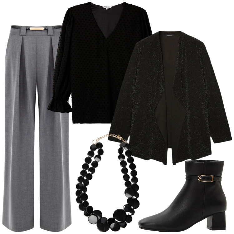 Outfit donna - Total look #2340775. Stile Chic per Ufficio. Abbinamento con stivaletti, bluse, collane, cardigans, pantaloni a palazzo.