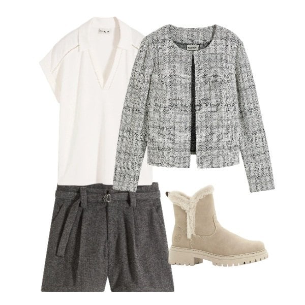 Outfit donna - Grigio tenue. Stile Casual chic per Scuola/Università. Abbinamento con polo, shorts, cardigans, stivaletti.