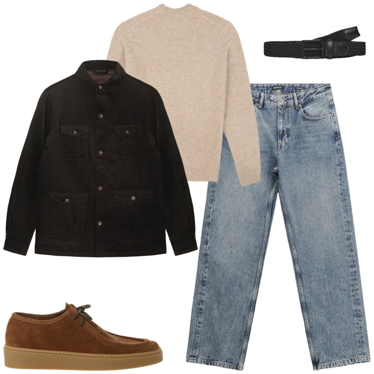 Outfit uomo - In città. Stile Urban per Tutti i giorni. Abbinamento con jeans dritti, scarpe stringate, cinture, cappotti, maglieria.