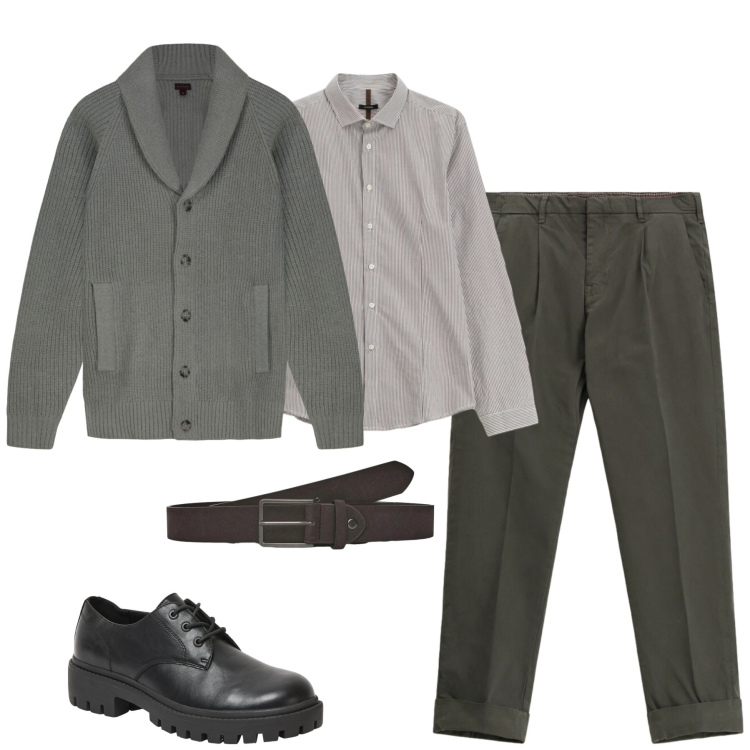 Outfit uomo - Total look. Stile Urban per Tutti i giorni. Abbinamento con pantaloni chino, camicie, scarpe stringate, cinture, cardigans.