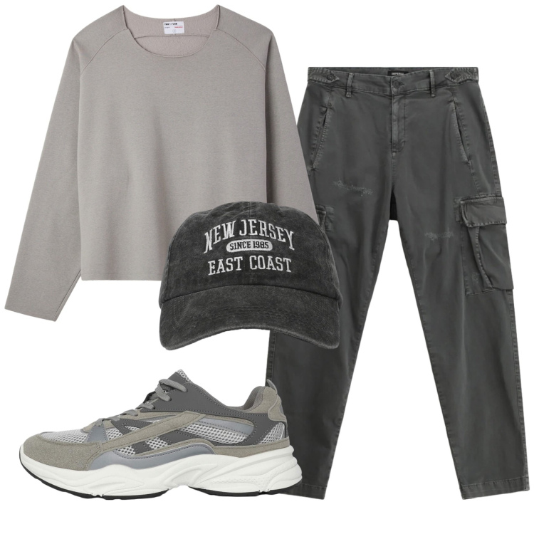 Outfit uomo - Total look #2340784. Stile Casual per Tutti i giorni. Abbinamento con sneakers, cappelli con visiera, felpe, pantaloni cargo.