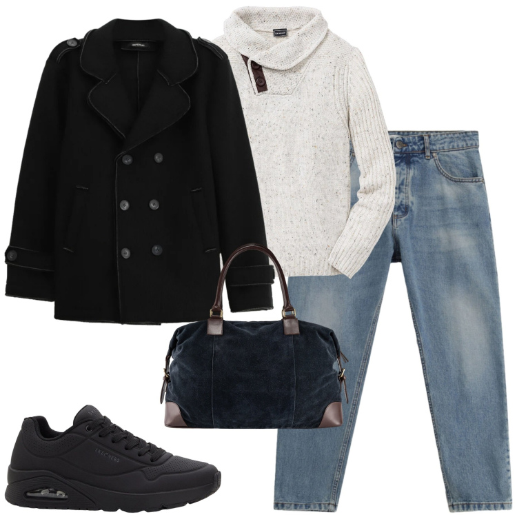 Outfit uomo - Tessuti caldi. Stile Urban per Tutti i giorni. Abbinamento con maglieria, sneakers, cappotti, jeans, borse sportive.