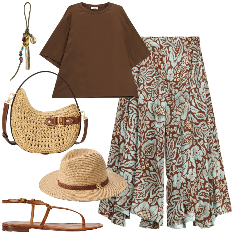 Outfit donna - Anticipi di sole. Stile Boho per Tutti i giorni. Abbinamento con t-shirt, pantaloni a palazzo, borse a tracolla, sandali in pelle, braccialetti, cappelli.