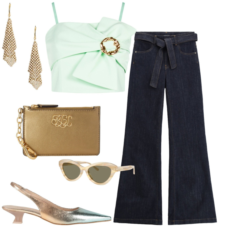 Outfit donna - Aperitivo. Stile Casual chic per Serata fuori. Abbinamento con décolleté, jeans a zampa, top, occhiali da sole, orecchini, portafogli.