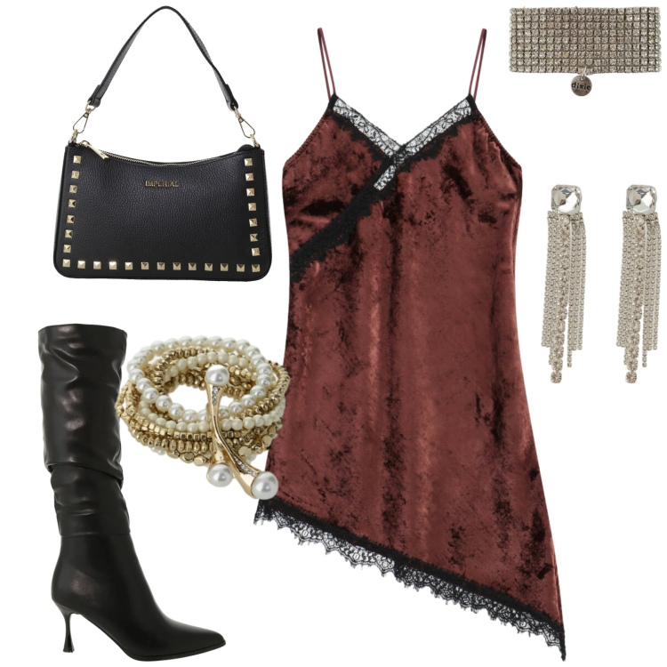 Outfit donna - Serata. Stile Sexy per Serata fuori. Abbinamento con vestiti asimmetrici, stivali sopra il ginocchio, pochette, orecchini, braccialetti, braccialetti.