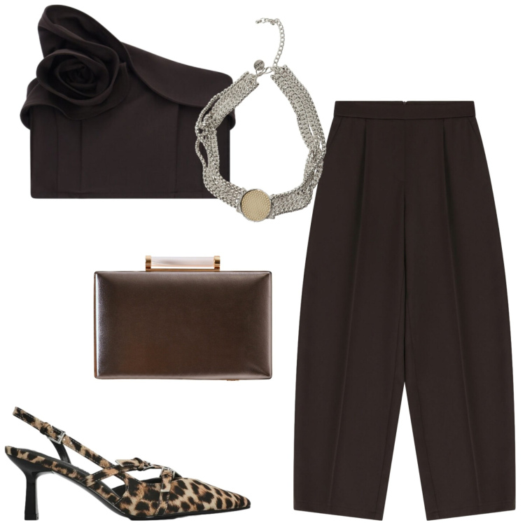 Outfit donna - Cioccolato. Stile Chic per Serata fuori. Abbinamento con décolleté, pantaloni, top, collane, clutch.