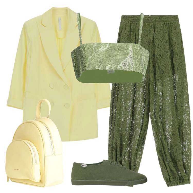 Outfit donna - Total look #2340804. Stile Casual chic per Serata fuori. Abbinamento con top, zaini, blazer, pantaloni a palazzo, sneakers.