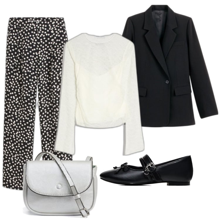 Outfit mujer - Black and white. Estilo Bon Ton para Todos los días. Combinación con camiseta, pantalones palazzo, bailarinas, blazers, bolsos de mano.