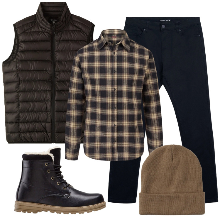 Outfit uomo - Total look #2340806. Stile Casual per Tutti i giorni. Abbinamento con stivali e stivaletti, berretti, pantaloni skinny, piumini, camicie.