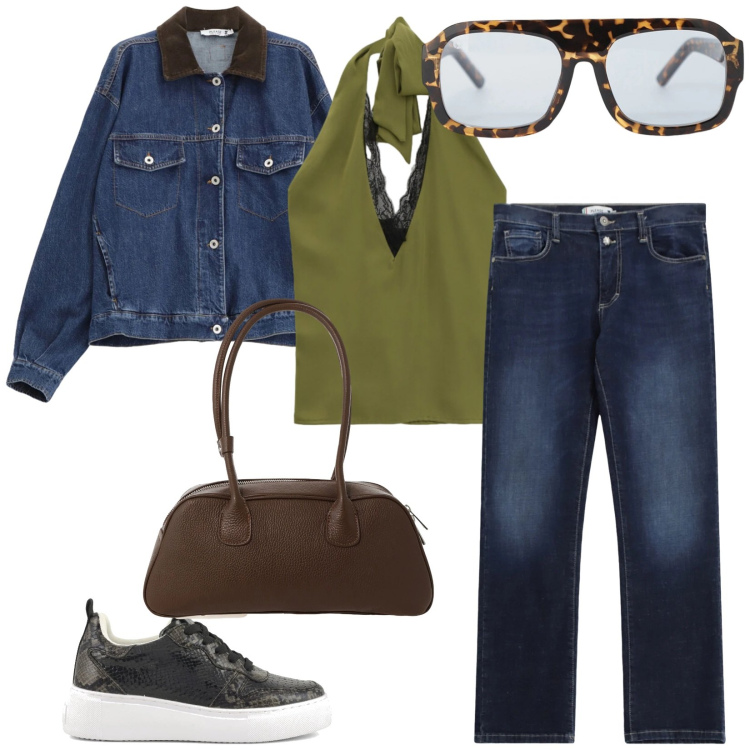 Outfit donna - Total look #2340811. Stile Casual chic per Tutti i giorni. Abbinamento con occhiali da sole, borse a mano, top, blazer, jeans dritti, sneakers.
