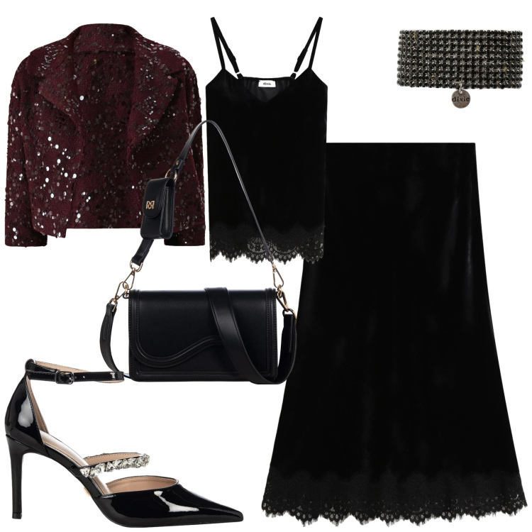Outfit donna - Serata. Stile Romantica per Serata fuori. Abbinamento con pochette, bolero, décolleté, gonne lunghe, top, braccialetti.