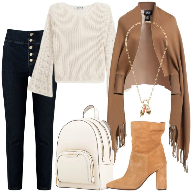 Outfit donna - Total look #2340823. Stile Boho per Tutti i giorni. Abbinamento con cappe, stivaletti, zaini, maglieria, jeans, ciondoli.