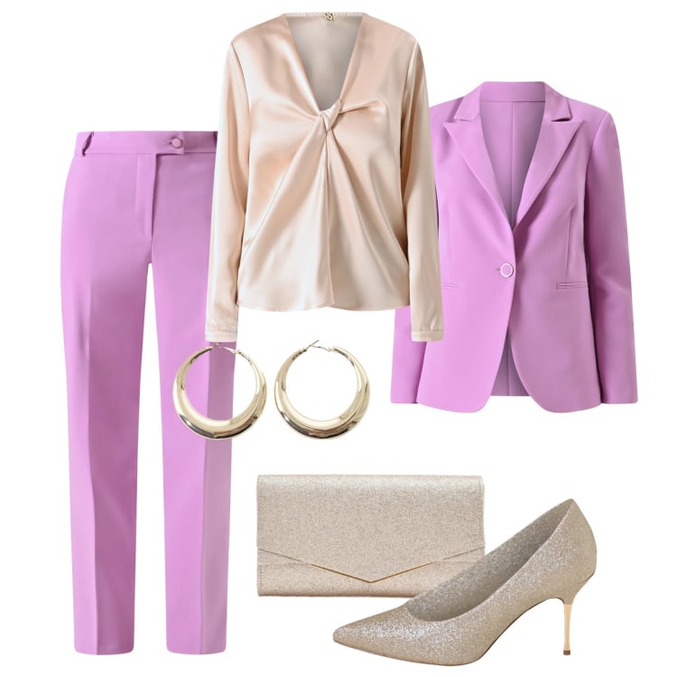 Outfit donna - Cerimonia rosa orchidea. Stile Chic per Cerimonia. Abbinamento con clutch, blazer, pantaloni skinny, bluse, décolleté, orecchini.
