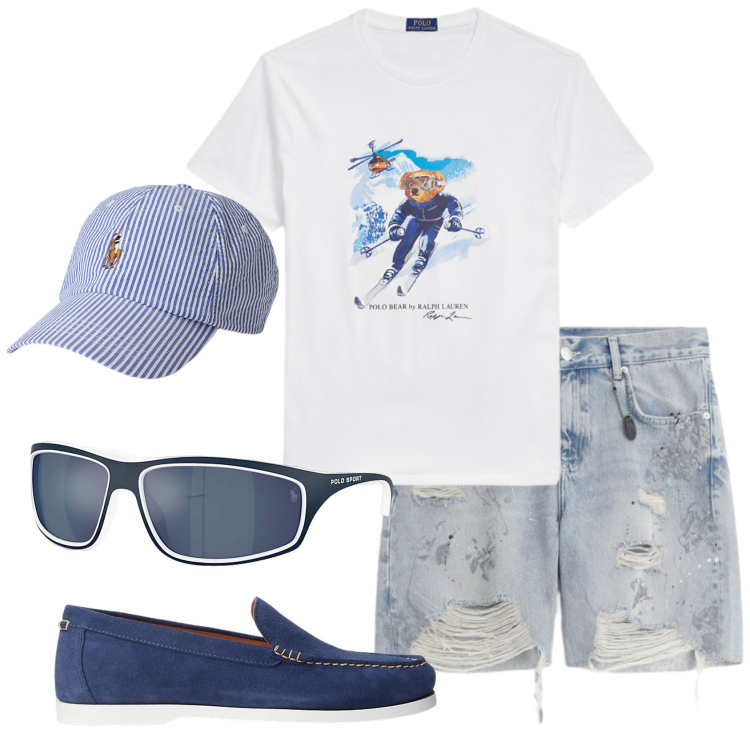 Outfit uomo - Total look #2340835. Stile Trendy per Mare. Abbinamento con bermuda, t-shirt, scarpe stringate, cappelli, occhiali da sole.