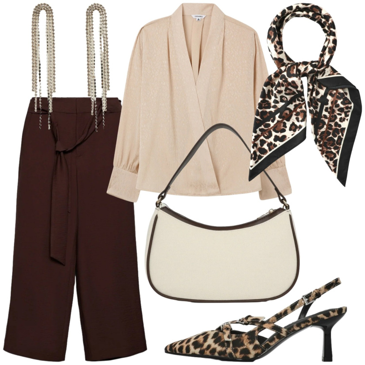 Outfit donna - Total look #2340837. Stile Sexy per Serata fuori. Abbinamento con bluse, orecchini, décolleté, foulard, borse a tracolla, pantaloni a palazzo.