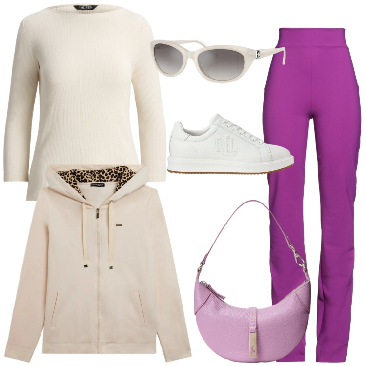 Outfit donna - Il colore nelle montagne. Stile Glamour per Sport. Abbinamento con leggings, felpe con cappuccio, borse a spalla, occhiali da sole, sneakers, t-shirt.