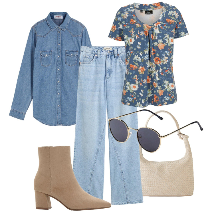 Outfit donna - Denim Bonprix. Stile Casual per Tutti i giorni. Abbinamento con t-shirt, jeans, camicie, stivaletti, occhiali da sole, shopping bag.